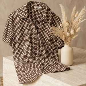 Rickis Size 16 Geometric Mod Print Brown Cream Button Down Blouse Short Sleeve 9